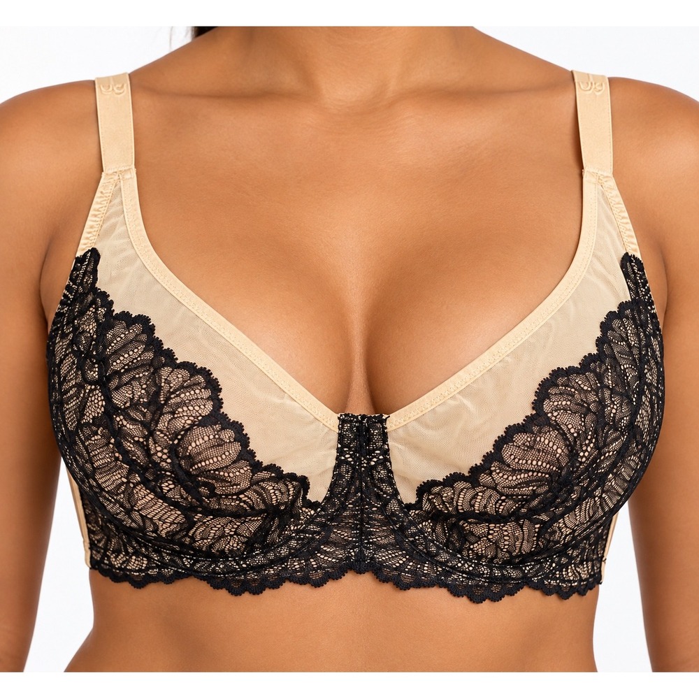 Shapellx Black Lace Beige Mesh Underwire Bra 36DDD NEW